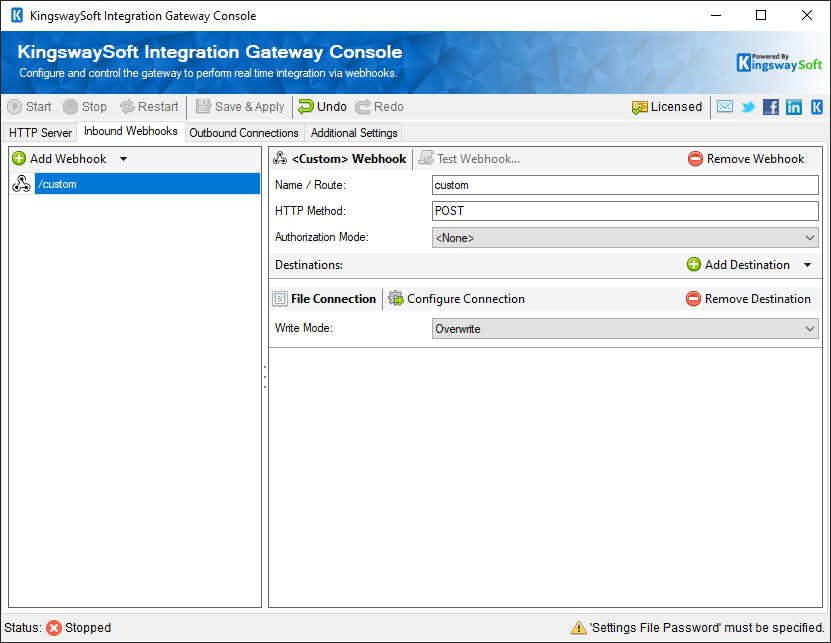 KingswaySoft Integration Gateway Console - Inbound Webhooks - Custom